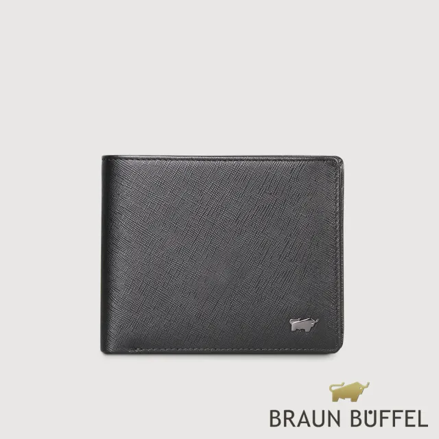 【BRAUN BUFFEL 德國小金牛】台灣總代理 至尊 8卡中間翻零錢袋短夾-黑色(BF536-318-BK)