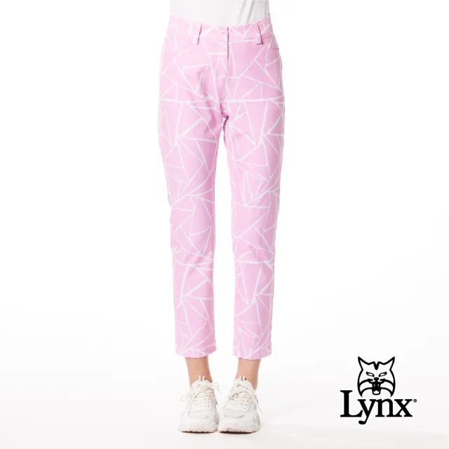 【Lynx Golf】女款吸溼排汗機能滿版線條塗鴉造型Lynx Golf字樣膠標窄管九分褲(二色)