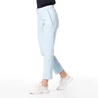 【Lynx Golf】女款彈性舒適腰頭造型兩側脇邊剪裁LOGO膠印隱形拉鍊口袋窄管九分褲(冰藍色)