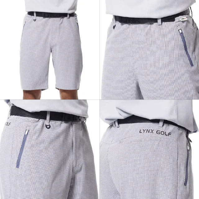 【Lynx Golf】男款彈性舒適經典細格紋路後腰LOGO織帶剪接拉鍊口袋造型平口休閒短褲(二色)