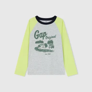 【GAP】男童裝 Logo印花圓領長袖T恤-黃灰撞色(891991)