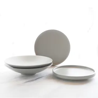 【Royal Duke】亞乳灰陶瓷四件組餐具(無菜單料理 矮邊盤 湯盤 中式 日式 法式)