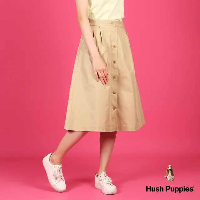 【Hush Puppies】女裝 長裙 簡約素色前開襟打褶長裙(卡其 / 43223102)