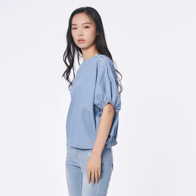 【5th STREET】女裝 短袖 短t 上衣 t恤 TEE 寬版 鈕扣 泡泡袖 淺藍(570972)