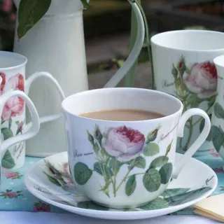 【英國ROY KIRKHAM】Redoute Rose 浪漫淺玫瑰系列450ml 早餐骨瓷杯盤組(咖啡 花茶 杯盤組)