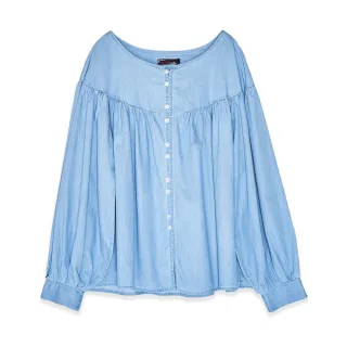 【5th STREET】女裝寬版抽細褶開襟襯衫-拔淺藍