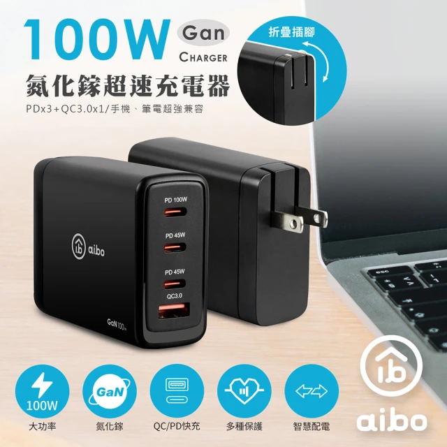 aibo PD100W 氮化鎵GaN 四孔超速充電器3C1A(PDx3+QC3.0x1)