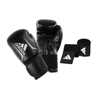【adidas 愛迪達】SPEED50 拳擊手套+新款3.5手綁帶超值套組 黑白(踢拳擊手套、泰拳手套、沙包手套)