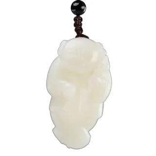 【漢石齋】天然A貨 和田白玉 持如意童子玉佩吊墜(26*47*17mm)