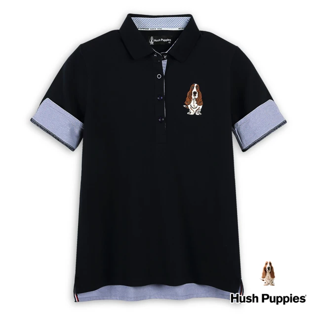 Hush Puppies 女裝 POLO衫 知性假兩件袖開岔刺繡狗短袖POLO衫(丈青 / 43201103)