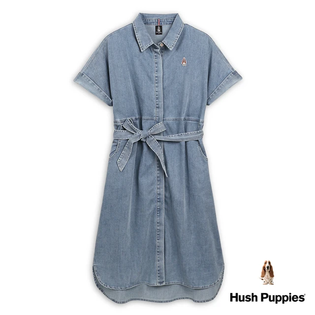 Hush Puppies 女裝 洋裝 寬袖暗門襟腰綁帶休閒牛仔洋裝(淺藍 / 43215101)