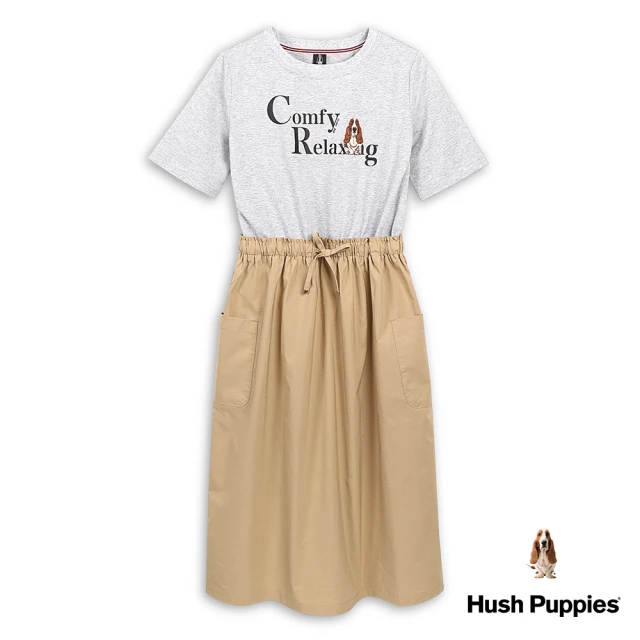 Hush Puppies 女裝 洋裝 休閒文字印花經典刺繡狗假兩件洋裝(麻灰 / 43215107)