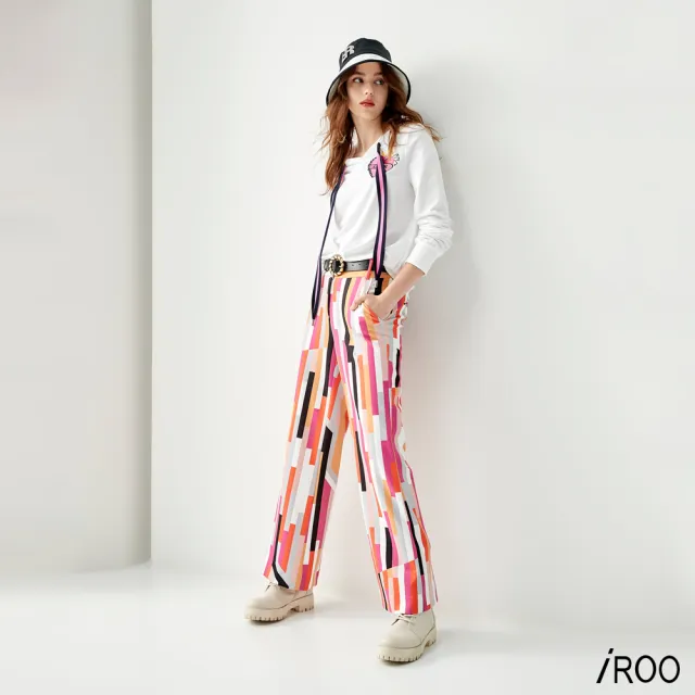 【iROO】彩色幾何方塊印花長褲