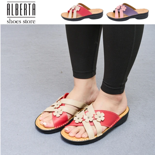 AlbertaAlberta MIT台灣製 跟高3.5cm 小花朵撞色線條 細工縫線厚底拖鞋 涼拖鞋 2色