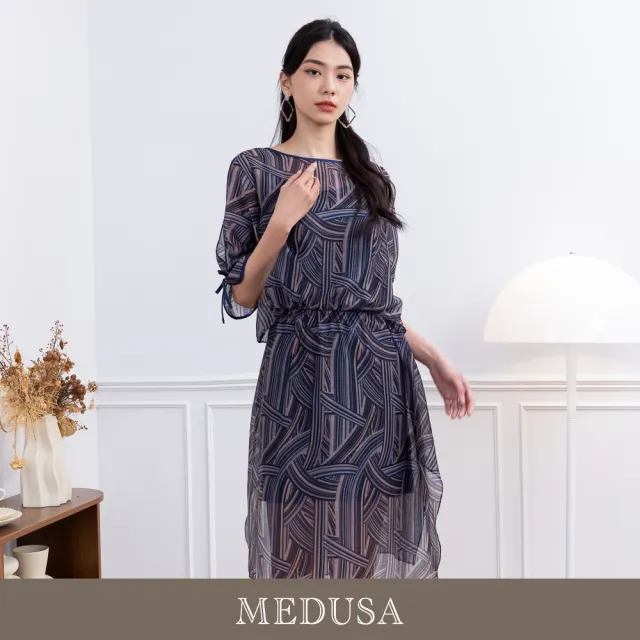 【MEDUSA 曼度莎】現貨-線條印花天絲棉飄逸長洋裝（M-XL）｜涼感 透氣天絲棉(301-70106)