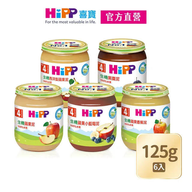 【HiPP】喜寶生機水果泥系列125gx6入(野莓蘋果泥、蘋果香蕉泥、黑棗蘋果泥、西洋梨蘋果泥、蘋果泥)