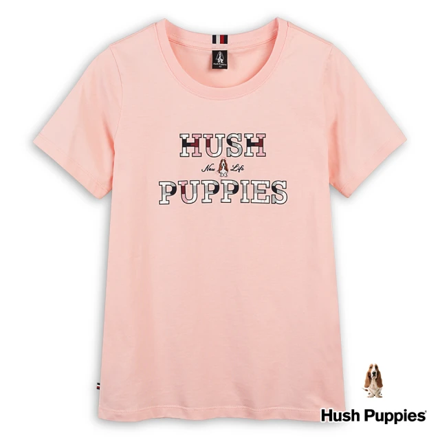 Hush Puppies 女裝 T恤 經典格紋配色矽膠品牌英文刺繡狗T恤(淺粉紅 / 43211210)