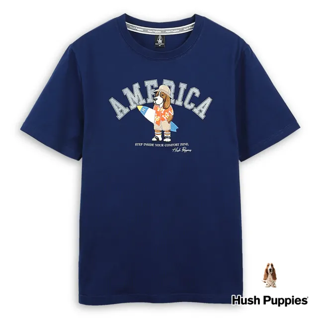 【Hush Puppies】男裝 T恤 趣味英文字印花度假衝浪狗T恤(藍色 / 43111102)