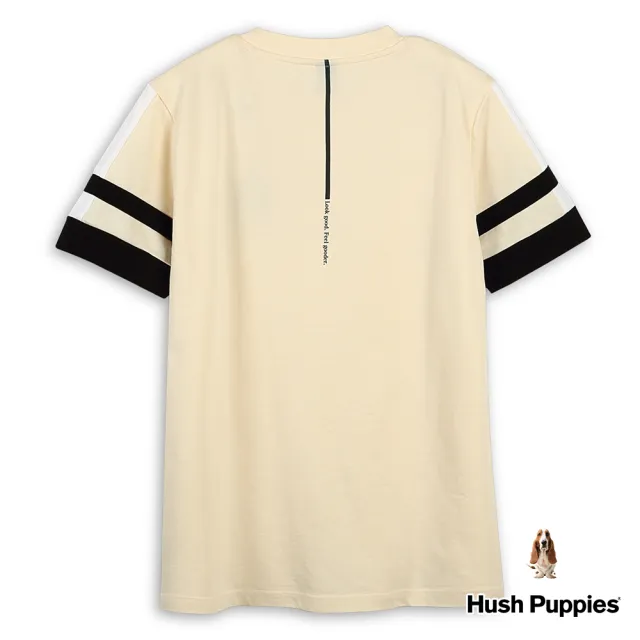 【Hush Puppies】男裝 上衣 運動風剪接配色經典刺繡狗上衣(淺卡其 / 43110112)
