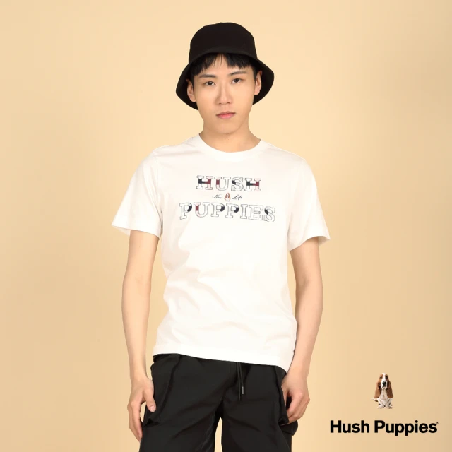 Hush Puppies 男裝 T恤 經典格紋配色矽膠品牌英文刺繡狗T恤(米白 / 43111201)