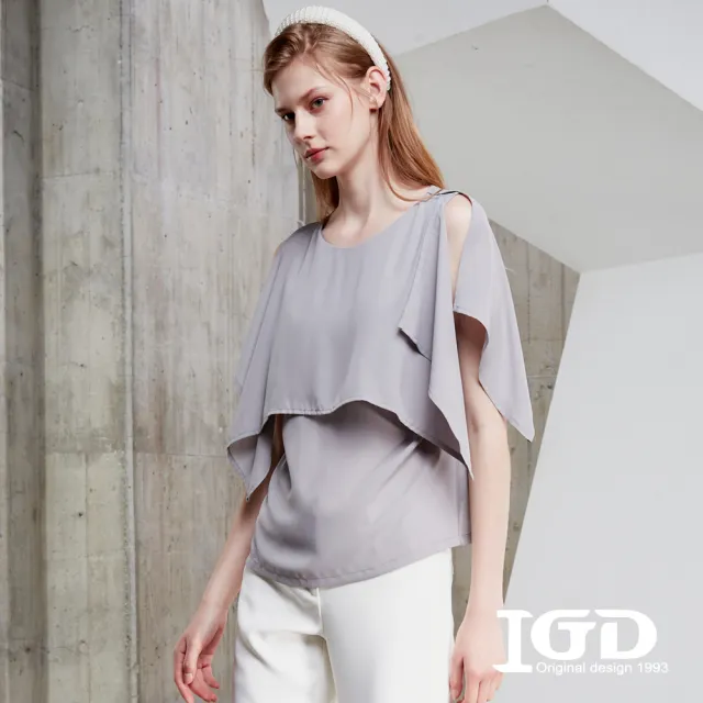 【IGD 英格麗】網路獨賣款-簡約純色披肩造型上衣(灰色)