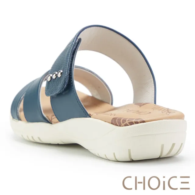 【CHOiCE】簡約牛皮金屬圓釦拖鞋(藍色)