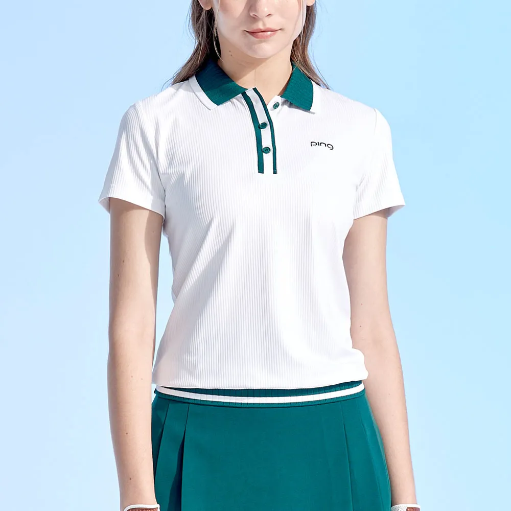 【PING】女款抽針羅紋高爾夫短袖POLO衫-白(吸濕排汗/抗UV/GOLF/高爾夫球衫/RA24110-87)