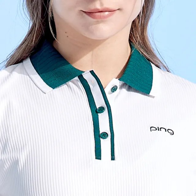 【PING】女款抽針羅紋高爾夫短袖POLO衫-白(吸濕排汗/抗UV/GOLF/高爾夫球衫/RA24110-87)