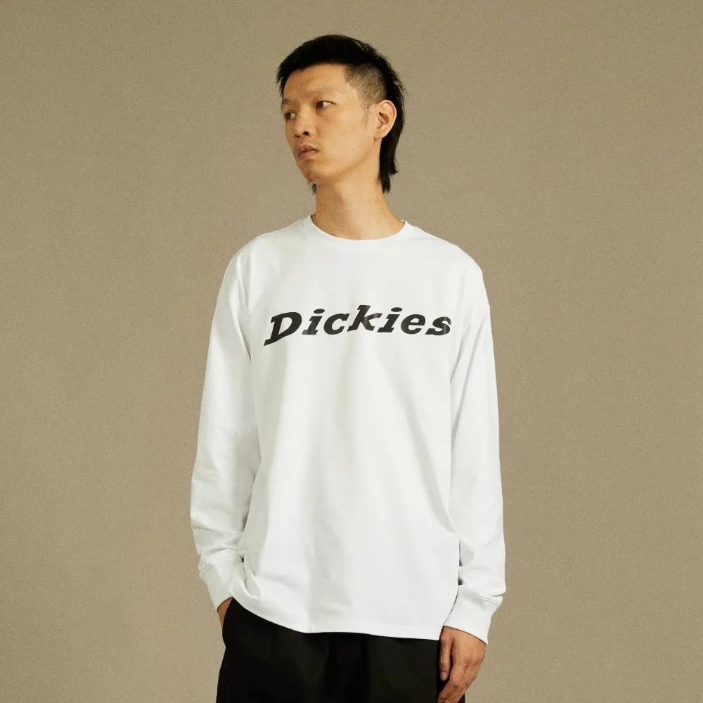 【Dickies】男款白色純棉重磅胸前反光Logo印花長袖T恤｜DK012564C4D