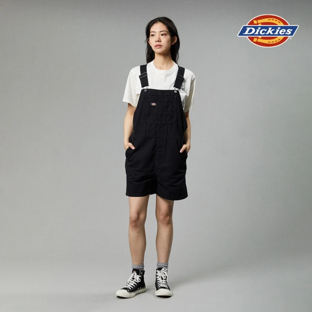 【Dickies】女款水洗黑純棉帆布多口袋設計休閒吊帶短褲｜DK013006C40