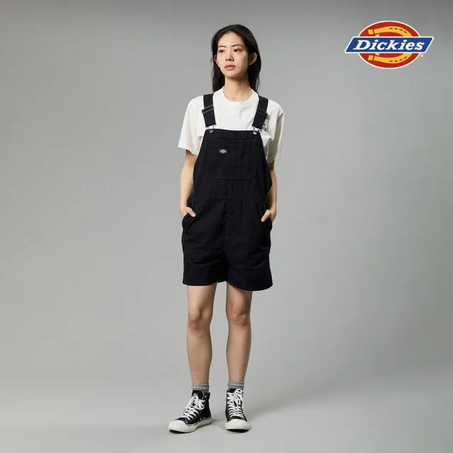 【Dickies】女款水洗黑純棉帆布多口袋設計休閒吊帶短褲｜DK013006C40