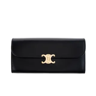 【CELINE】新款TRIOMPHE金屬LOGO旋轉門釦光滑羊皮大型對折長夾(黑色)