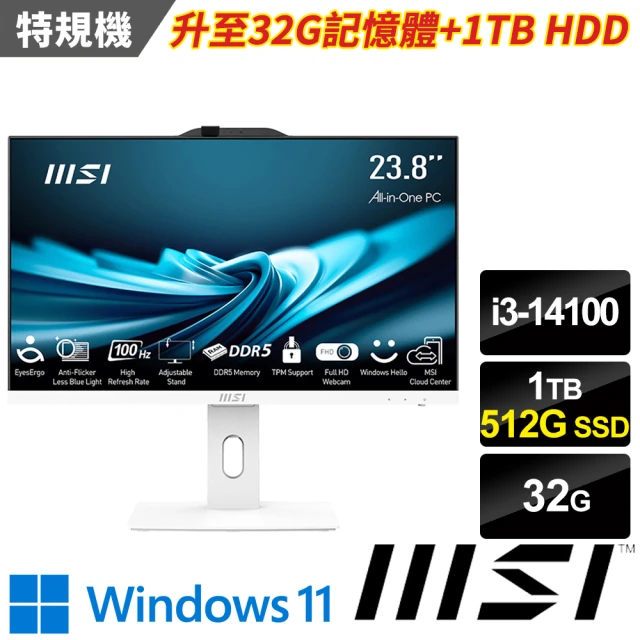 MSI 微星 24型i3四核液晶特仕電腦(PRO AP242P 14M-625TW-SP4/i3-14100/32G/1TB+512G/W11)