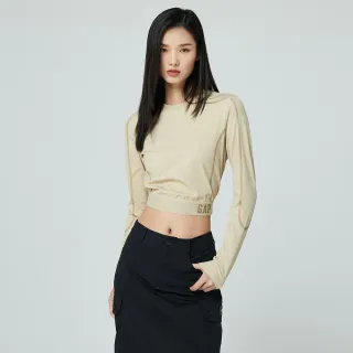 【GAP】女裝 Logo印花圓領長袖T恤 GapFit系列-卡其色(876159)