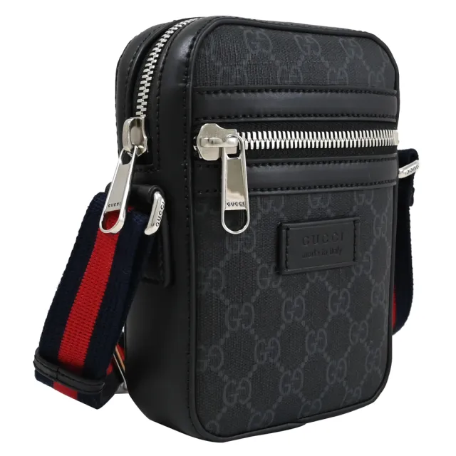 【GUCCI 古馳】經典雙G LOGO印花雙色織帶方包記者包斜背包(黑)