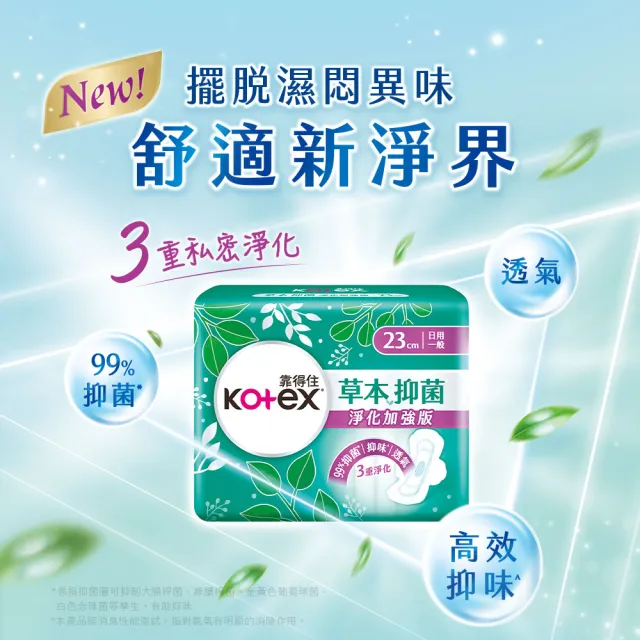 【Kotex 靠得住】草本抑菌淨化加強版衛生棉 日用 23cm 12片x12包 / 夜用 28cm 11片x12包(草本抑菌EX)