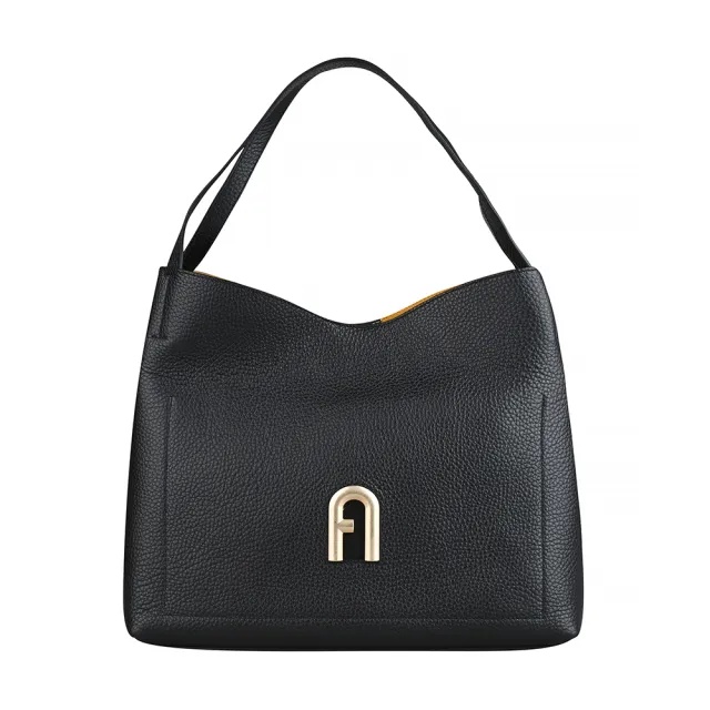 【FURLA 芙拉】FURLA Primula拱門復古金屬LOGO小牛皮釦式肩背包(黑)