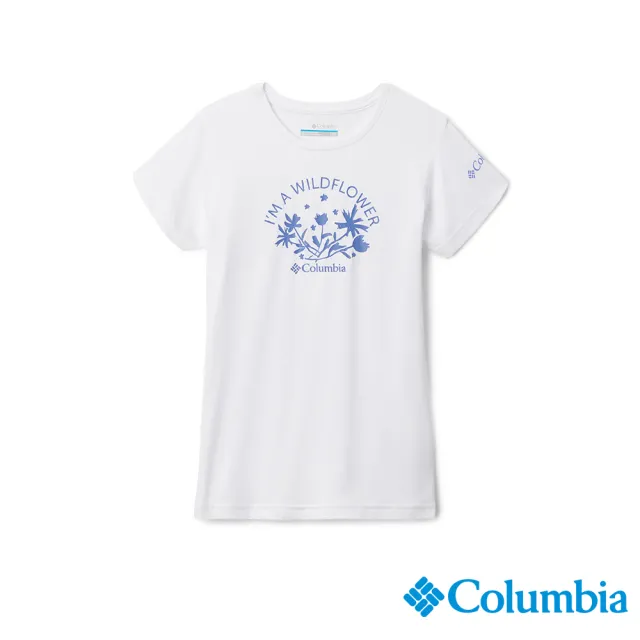 【Columbia 哥倫比亞】女童款-Mission Peak™防曬UPF50快排短袖上衣粉-白色(UAG01350WT/IS)