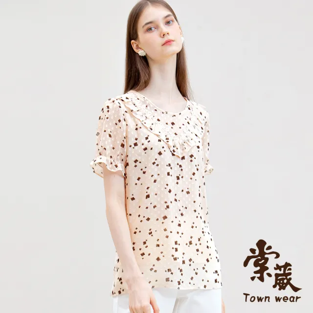 【TOWN’WEAR 棠葳】氣質珍珠蕾絲領印花上衣(女上衣/女上著/短袖/透膚/滿版/長版)