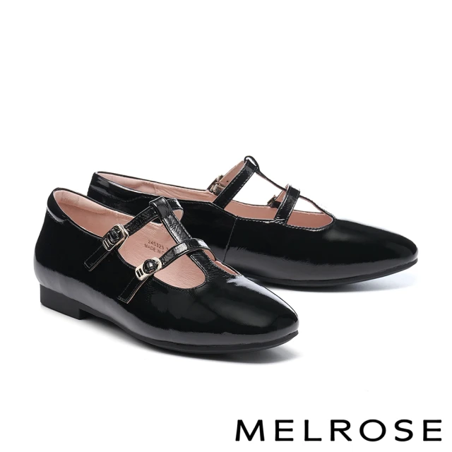 【MELROSE】美樂斯 簡約復古雙繫帶全真皮瑪莉珍方頭低跟鞋(黑)