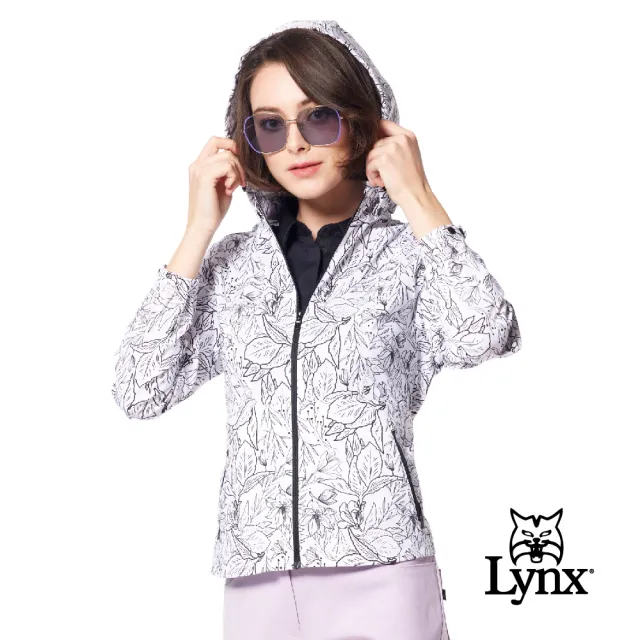 【Lynx Golf】女款防撥水抗UV機能滿版花草印花風格拉鍊口袋可拆式連帽長袖外套(二色)