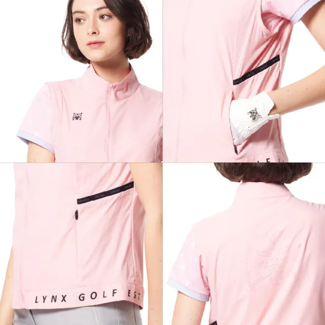 【Lynx Golf】女款吸溼排汗機能織帶剪接設計後背山貓沖孔配布造型無袖背心(二色)