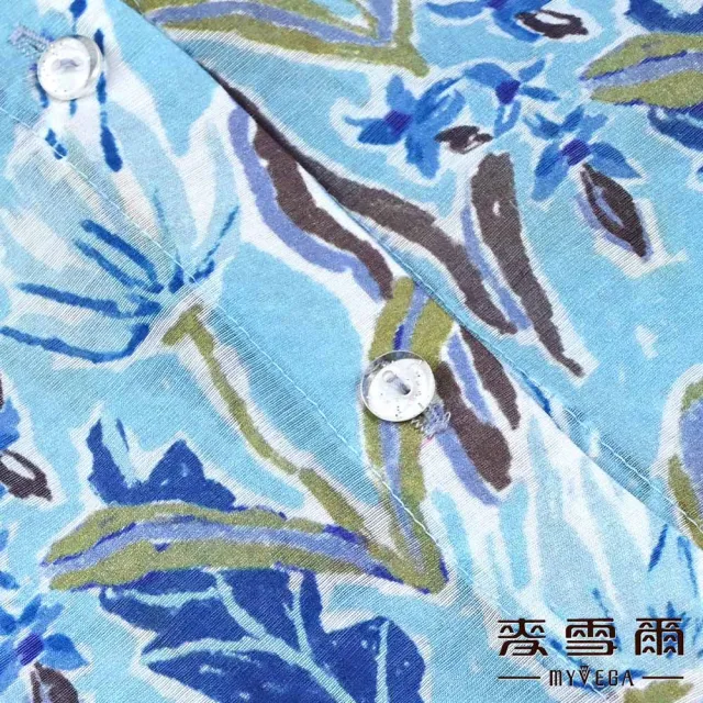 【MYVEGA 麥雪爾】亞麻棉水彩花卉排釦七分袖上衣-藍(2024春夏新品)