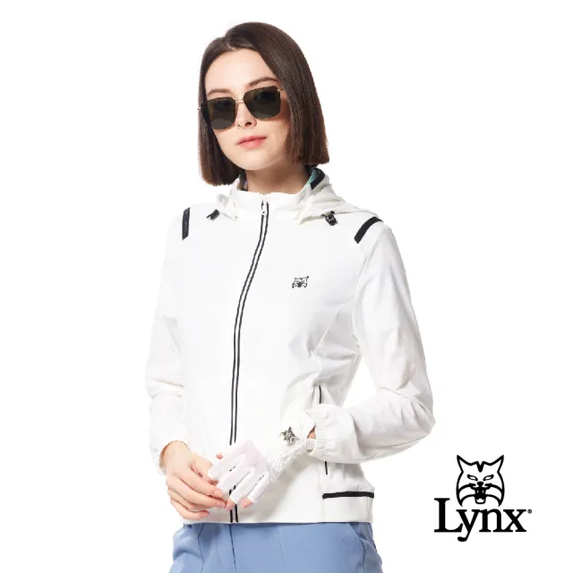 【Lynx Golf】女款吸溼排汗機能羅紋配條造型山貓膠標拉鍊口袋可拆式連帽長袖外套(二色)
