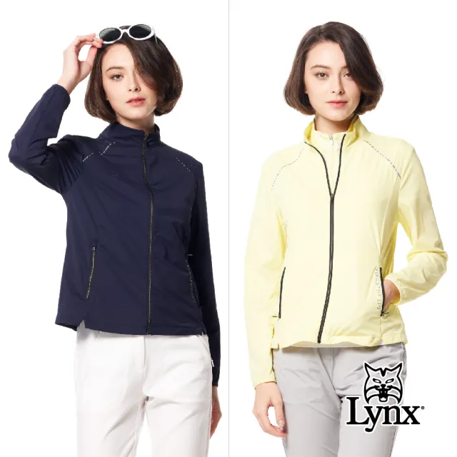 【Lynx Golf】女款彈性舒適沖孔配布後腰剪接針織帶造型拉鍊口袋長袖外套(二色)