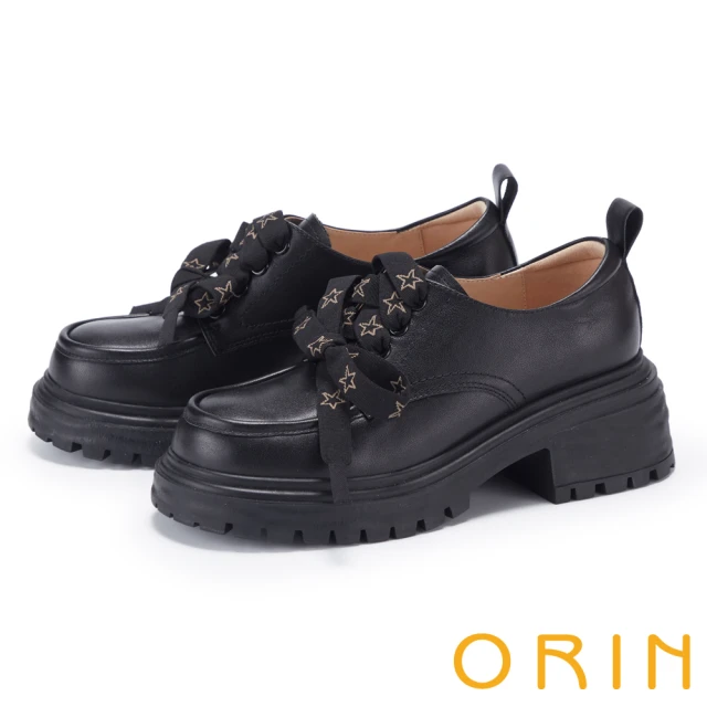 ORINORIN 復古法式綁帶牛皮厚底樂福鞋(黑色)