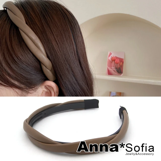 【AnnaSofia】韓式髮箍髮飾-交叉辮皮革細款 現貨(咖系)
