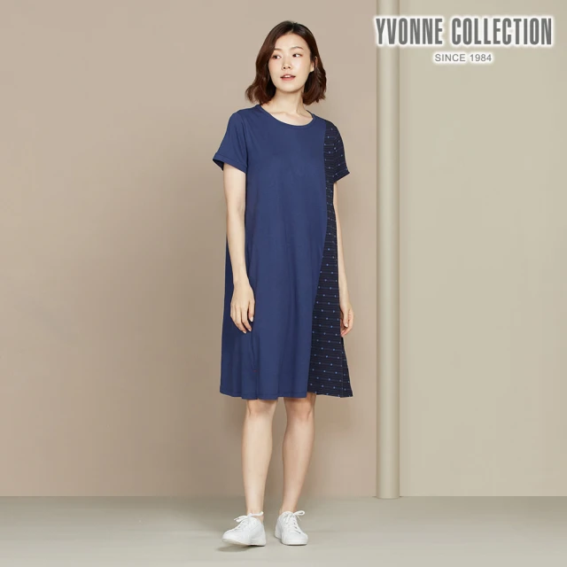 YVONNE 以旺傢飾 條紋拼接七分袖洋裝(藍)優惠推薦