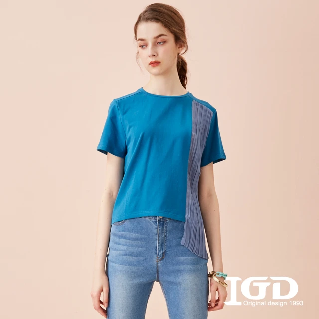 【IGD 英格麗】網路獨賣款-小方格雪紡細褶拼接造型上衣(藍色)