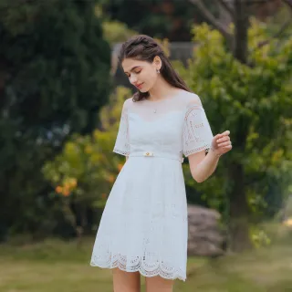 【OMUSES】蕾絲刺繡白色短洋裝28-7486(S-2L)